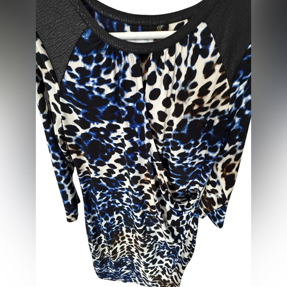 Calvin Klein Cheetah Wrap Dress Women's Large Blue Yellow Cocktail EUC - Picture 6 of 12